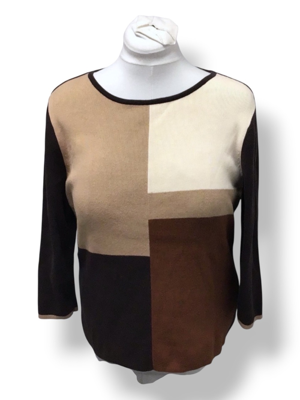 Goodclothes Women’s 3/4 Sleeve Color Block Sweater 100% Cotton Brown/Tan/Beige L